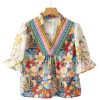 Women's Multicolor Crochet V Neck Half Sleeve Boho Floral Blouse - Image 15