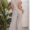 Chic Women's Khaki Checkered Print Buttoned Crew Neck Wide Leg Jumpsuit - Image 2