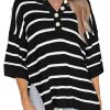 Women's Black Stripe Henley Knit Sweater Tee with Buttoned Placket and Drop Shoulder - Image 7