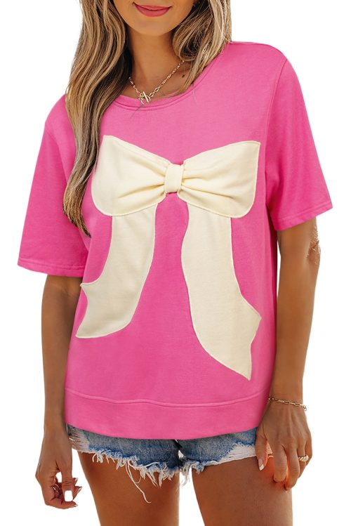 Women's Strawberry Pink Contrasting Color Ribbon Bow Front Loose Tee with Side Slits