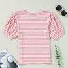 Women's Pink Stripe Textured Puff Sleeve Crewneck Top - Casual Chic - Image 14