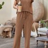 Women's Coffee Solid Color Corded Short Sleeve Top and Wide Leg Casual Pants Set - Image 6