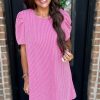 Women's Bright Pink Corded Knit Crew Neck Puff Sleeve Shift Mini Dress - Image 9