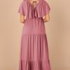 Elegant Rose Pink Textured V Neck Flutter Sleeve Ruffled Maxi Dress for Women - Image 9