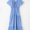 Elegant Sky Blue Textured V Neck Flutter Sleeve Ruffled Maxi Dress for Women - Image 9