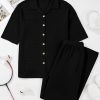 Women's Black Solid Color Textured Buttoned Shirt and Wide Leg Casual Pants Set - Image 6