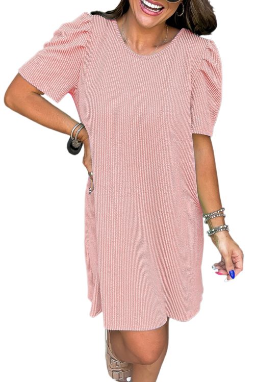 Blossom Pink Corded Knit Crew Neck Puff Sleeve Shift Mini Dress for Women