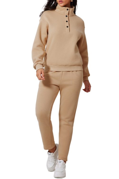 Women's Parchment Solid Half Button Sweatshirt and High Waist Sweatpants Set