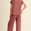 Women's Mineral Red Solid Color Corded Short Sleeve Top and Wide Leg Pants Set - Image 2