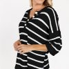 Women's Black Stripe Henley Knit Sweater Tee with Buttoned Placket and Drop Shoulder - Image 3