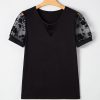 Elegant Women's Black Flora Lace Patchwork Crew Neck T-Shirt with Mesh Puff Sleeves - Image 7