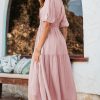 Women's Pink Puff Sleeve Pleated High Waist Flowy Long Dress - Perfect for Summer Occasions - Image 2