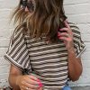 Women's Brown Stripe Textured Side Slits Crew Neck T-Shirt - Casual Summer Style - Image 3