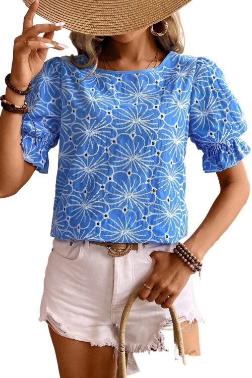Women's Sky Blue Eyelet Flower Embroidery Frilled Short Puff Sleeve Blouse