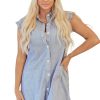 Women's Blue Stripe Frilled Sleeveless Mini Dress with Collar and Front Pocket - Image 17