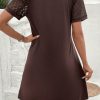 Chic Women's Dark Brown Contrast Lace Raglan Sleeve Pleated Shift Dress - Image 2