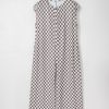 Chic Women's Khaki Checkered Print Buttoned Crew Neck Wide Leg Jumpsuit - Image 17