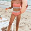 Women's Peach Blossom Striped Patchwork High Waist Bikini Swimsuit - Spaghetti Strap Design - Image 12