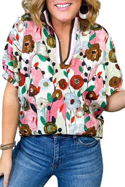 Women's Pink Floral Print Slit V Neck Short Sleeve Blouse - Effortlessly Feminine Style