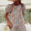 Women's Apricot Bohemian Floral Print Short Puff Sleeve Mini Dress - Image 12