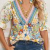 Women's Multicolor Crochet V Neck Half Sleeve Boho Floral Blouse - Image 2