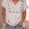 Women's White Colorful Fringed Tassel Tie Neck Short Sleeve Blouse - Image 5