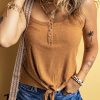 Women's Straw Yellow Ribbed Front Knot Buttoned Thin Strap Tank Top - Image 3