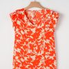 Women's Orange Floral Ruffle Sleeve Print Top with Stylish V Neck - Image 15