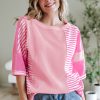 Trendy Women's Pink Stripe Color Block Patchwork Half Sleeve T-Shirt - Image 6