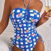 Women's Blue Gingham Halter Ruched Bodice One Piece Swimsuit with Drawstring Ties - Image 6