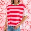 Women's Pink Stripe Patchwork Round Neck Loose T-Shirt with Side Splits - Image 5