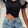 Women's Black Leopard Print Patchwork Ruffled Sleeve V Neck T-Shirt - Image 6