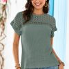 Women's Mist Green Lace Patchwork Waffle Short Sleeve Top - Elegant and Breathable - Image 6