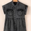 Women's Black Short Sleeve Flap Pocket Button Up Raw Hem Denim Shirt - Image 13