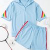 Women's Sky Blue Rainbow Colorblock Collared Short Sleeve Top & Shorts Set - Image 3