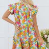 Women's Sky Blue Floral Print Smocked Notch V Neck Flutter Sleeve Mini Dress - Image 2