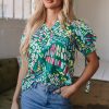 Chic Women's Green Brushwork Geometric Print Puff Sleeve Blouse with Notched Neck - Image 8