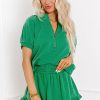 Chic Women's Sea Green Half Zip Puff Sleeve Top and Ruffled Shorts Set - Image 6