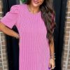 Women's Bright Pink Corded Knit Crew Neck Puff Sleeve Shift Mini Dress - Image 7