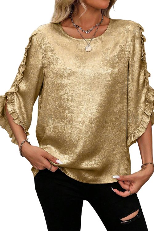 Elegant Gold Metallic Luster Frilled Half Sleeve Blouse for Women