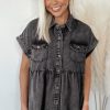 Women's Black Short Sleeve Flap Pocket Button Up Raw Hem Denim Shirt - Image 12