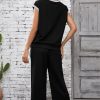 Women's Black Cable Knit Contrast Trim Short Sleeve Top and Wide Leg Pants Set - Image 2