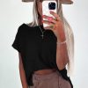 Women's Black Solid Color Short Sleeve Sweater Tee with Chic Side Slits - Image 5