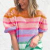 Women's Rose Red Colorful Stripe Bubble Short Sleeve Sweater - Image 6