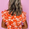 Women's Orange Floral Ruffle Sleeve Print Top with Stylish V Neck - Image 11