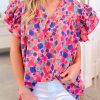 Women's Rose Red Abstract Print Ruffled Sleeve V Neck Blouse - Artistic Charm - Image 8