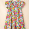 Women's Sky Blue Floral Print Smocked Notch V Neck Flutter Sleeve Mini Dress - Image 7