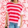 Women's Pink Stripe Patchwork Round Neck Loose T-Shirt with Side Splits - Image 7