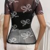 Elegant Women's Black Bow Printed Mesh Short Sleeve Top - Image 2