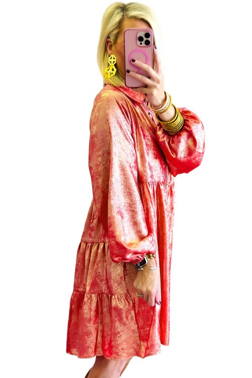 Women's Peach Blossom Metallic Sheen Puff Sleeve Mini Shirt Dress